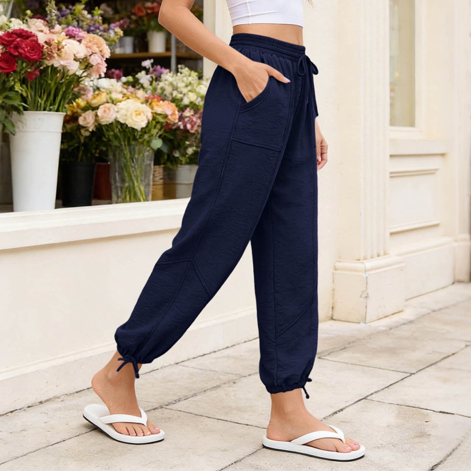 Women's Lightweight Summer Linen Harem Loose Beach , Joggers Elastic Waist Lounge Trousers with Pockets
