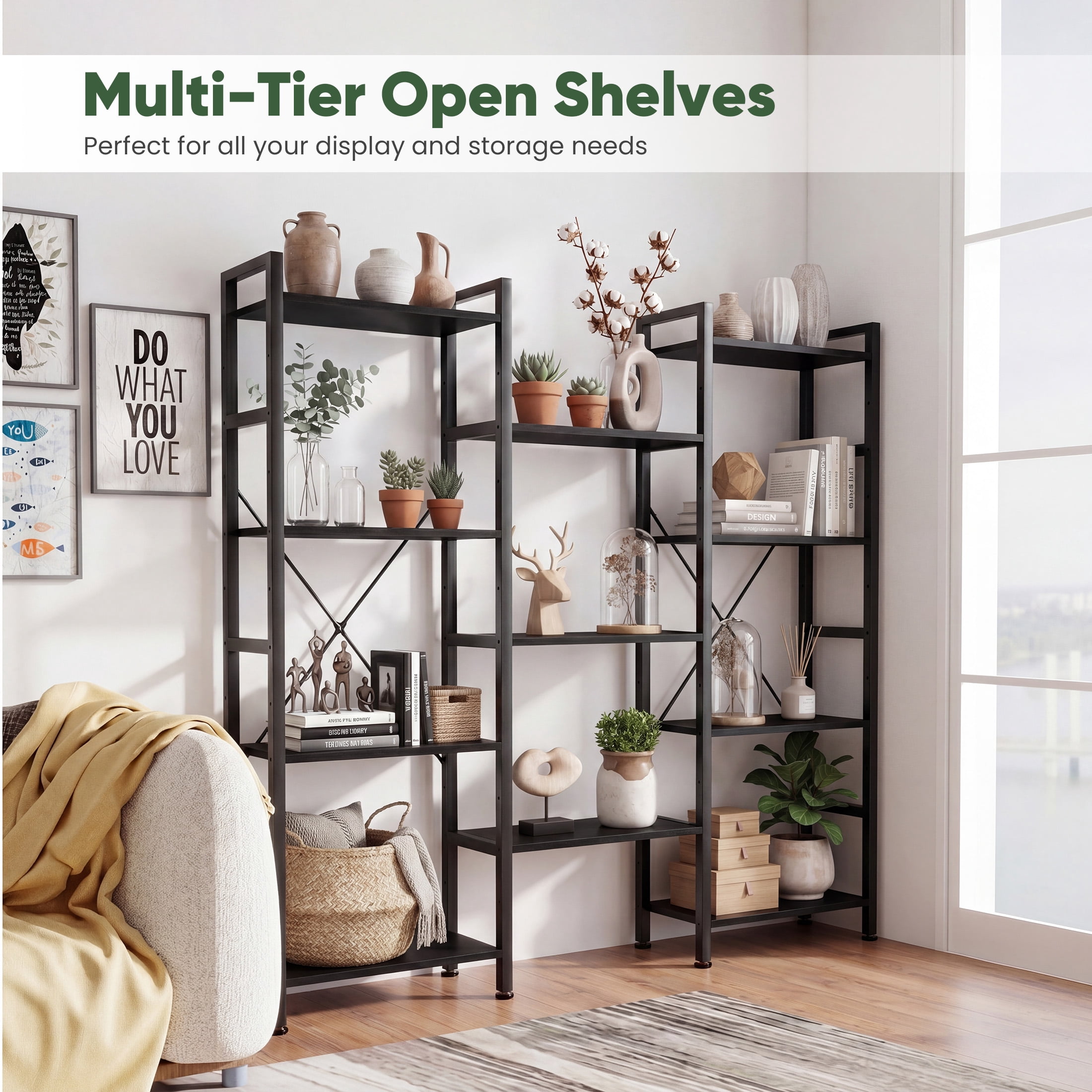 CONCETTA Triple 4-Tier Bookshelf with 11 Open Display Shelves, Adjustable Storage Bookcase for Home & Office, Sturdy Steel Frame and Wood Construction, Anti-Tip and Adjustable Feet, Black