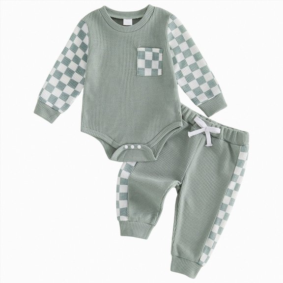 Newborn Baby Boy Girl Clothes Checkered Plaid Long Sleeve Romper Pants Set 2 Piece Fall Winter Outfits