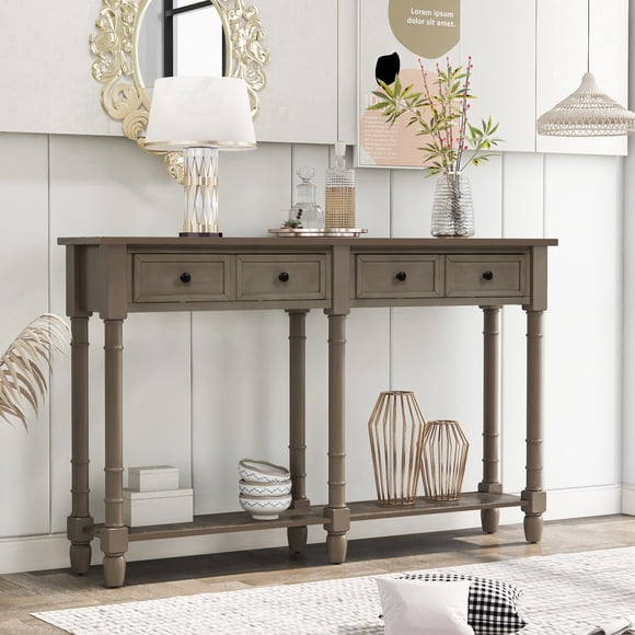 OUDOSPRS Easy Assembly Console Table, Includes Two Storage Drawers and Bottom Shelf, Perfect for Living Room and Entryway(Gray Wash)