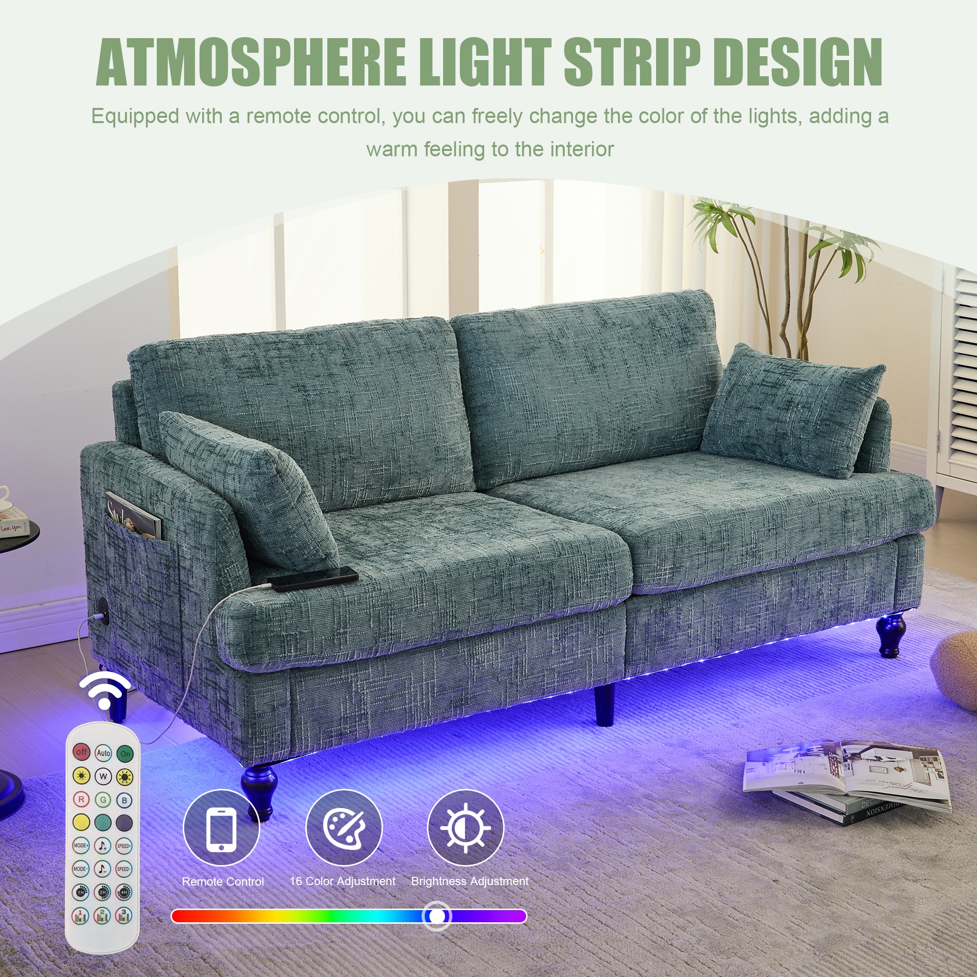68.9" Sofa Couch,Modern 2 Seater Upholstered Loveseat Sofa Couch with LED light&USB for Living Room,Bedroom,Lake Blue