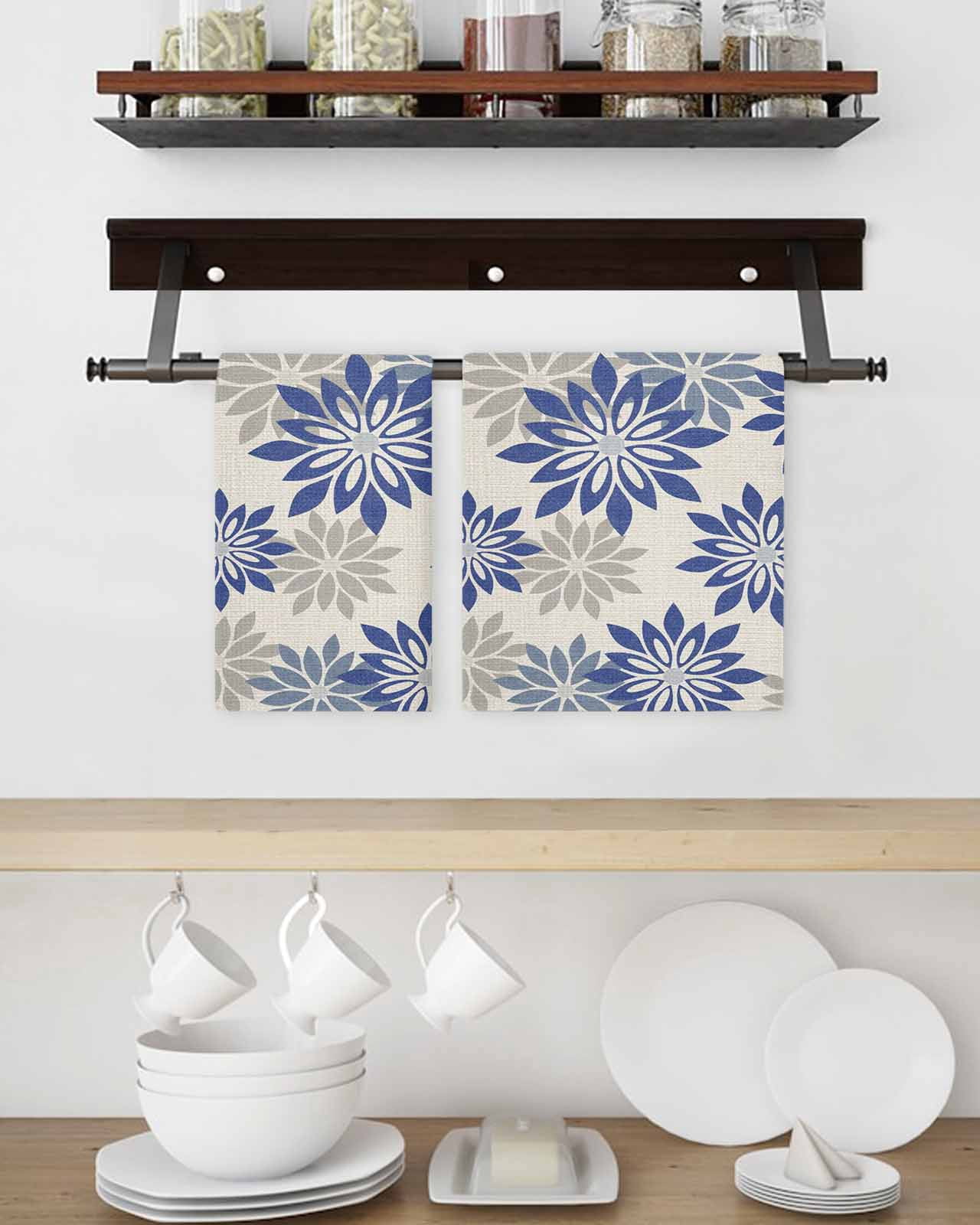 Geometric Flower Kitchen Dish Towels for Drying Dishes Set of 2, Vintage Country Floral Blue Grey on Linen Waffle Weave Microfiber Hand Tea Bathroom Towels Quick Dry & Absorbent Towel 15.7x23.6