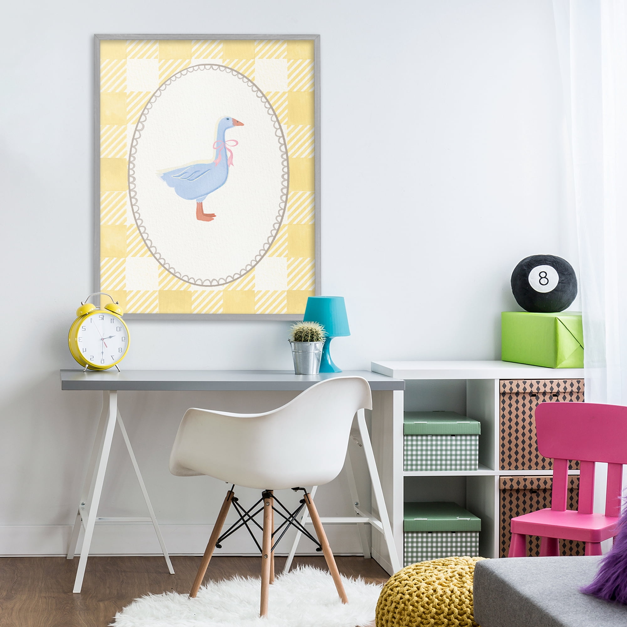 Stupell Industries Little Goose on Yellow Gingham Gray Framed Giclee Art, design by The Paper Curator