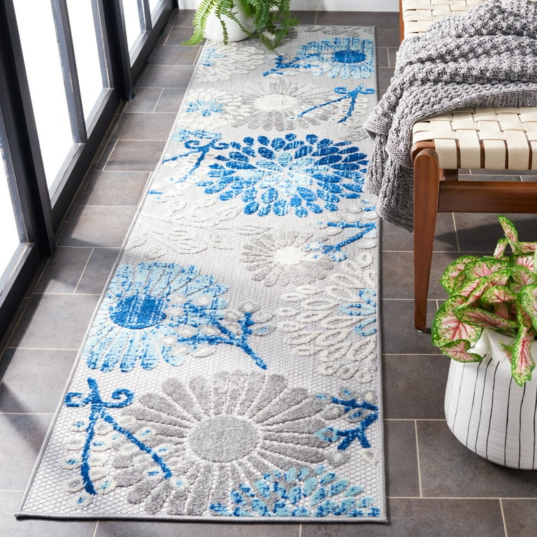 2' X 10' Grey/Blue Floral Indoor Outdoor Area Rug