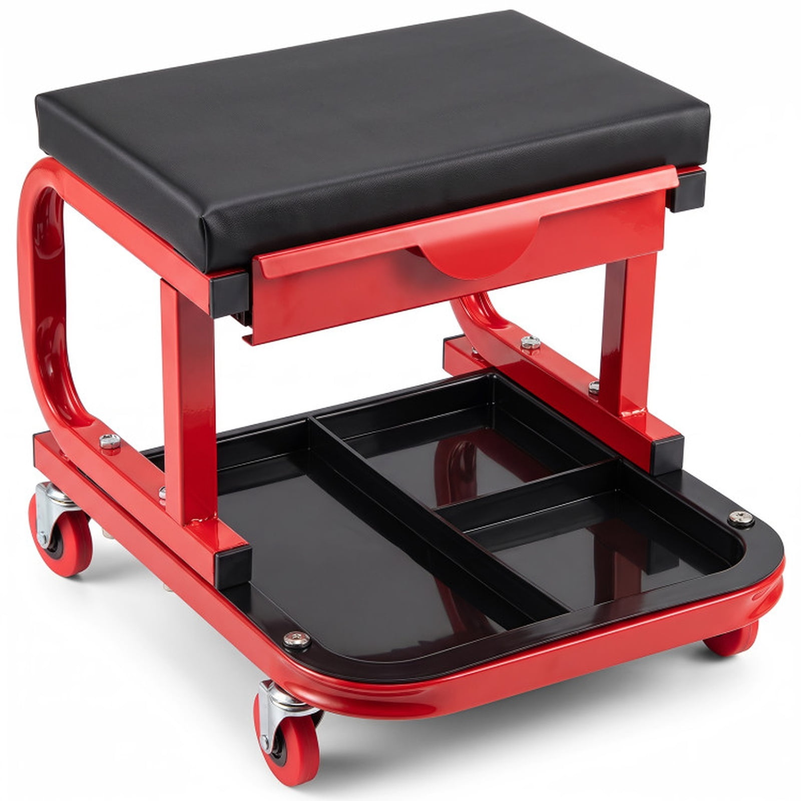 Biotree Rolling Shop Stool Adjustable Swivel Shop Seat 14.5" x 17.5" x 9" with Tool Storage for Garage Shop, Red