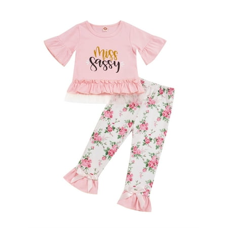 

Canis Toddler Baby Girl Clothes Set Letter Miss Sassy Frill T-Shirt Top Floral Flare Pant Bell Bottom Kids Girl Summer Outfit