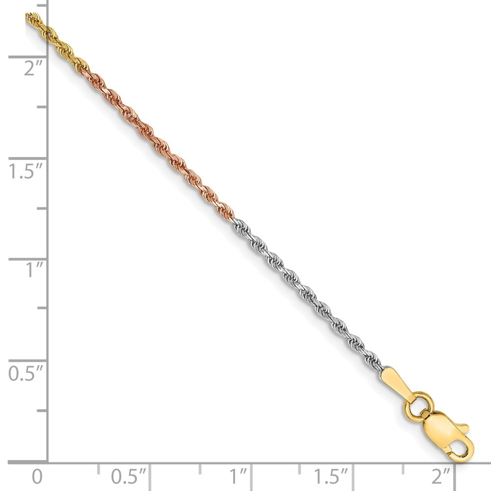 14k Tri-Color Anklet 9 inch 1.5 mm Tri-colored Diamond-cut Rope with Lobster Clasp