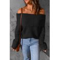 thumbnail image 3 of POGLIP Women's Black Ribbed Knit Foldover Off Shoulder Sweater, 3 of 6