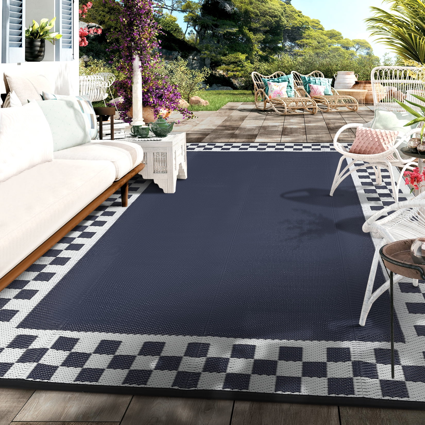 Waterproof Reversible Outdoor Rug 9x18ft – Large Woven Plastic Patio Carpet – Fade-Proof, Portable Picnic & Camping Mat with Stakes & Carry Bag – RV Awning, Deck, Porch, Beach – Black/Blue/White