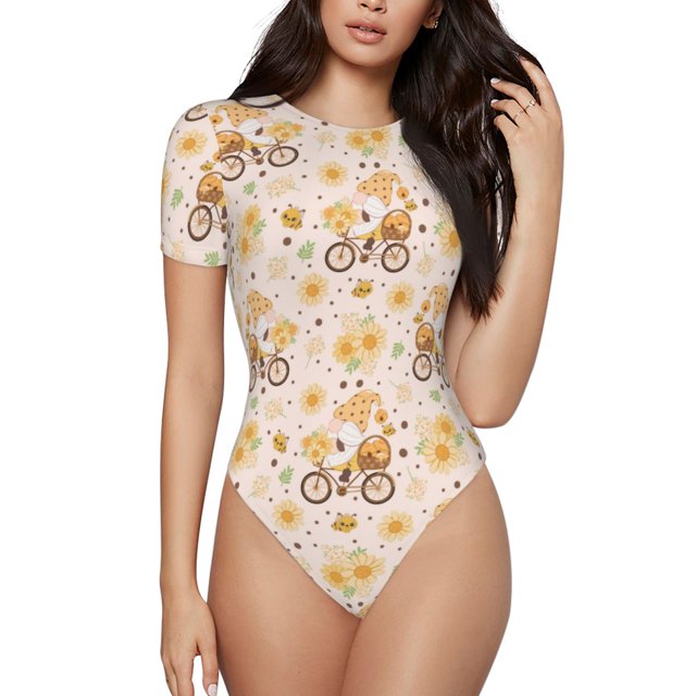 Fotbe Cute Bee Gnome Body de Mujer con Cuello Redondo y Mangas Cortas, Sin Mangas Ajustado, Suave, Cómodo y Básico-Medium