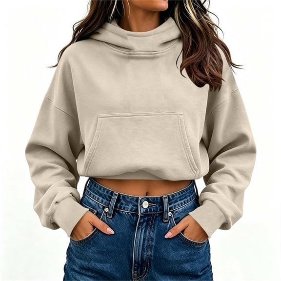 LEKWK Cropped Hoodie Women Long Sleeve Warm Athletic Sweatshirts with Pocket Relaxed Fit Fall Winter Activewear for Casual Everyday Workout Gym
