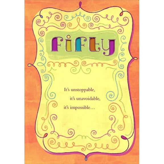 Designer Greetings Fifty: Colored Letters Die Cut Windows with Orange Border Age 50 / 50th Birthday Card