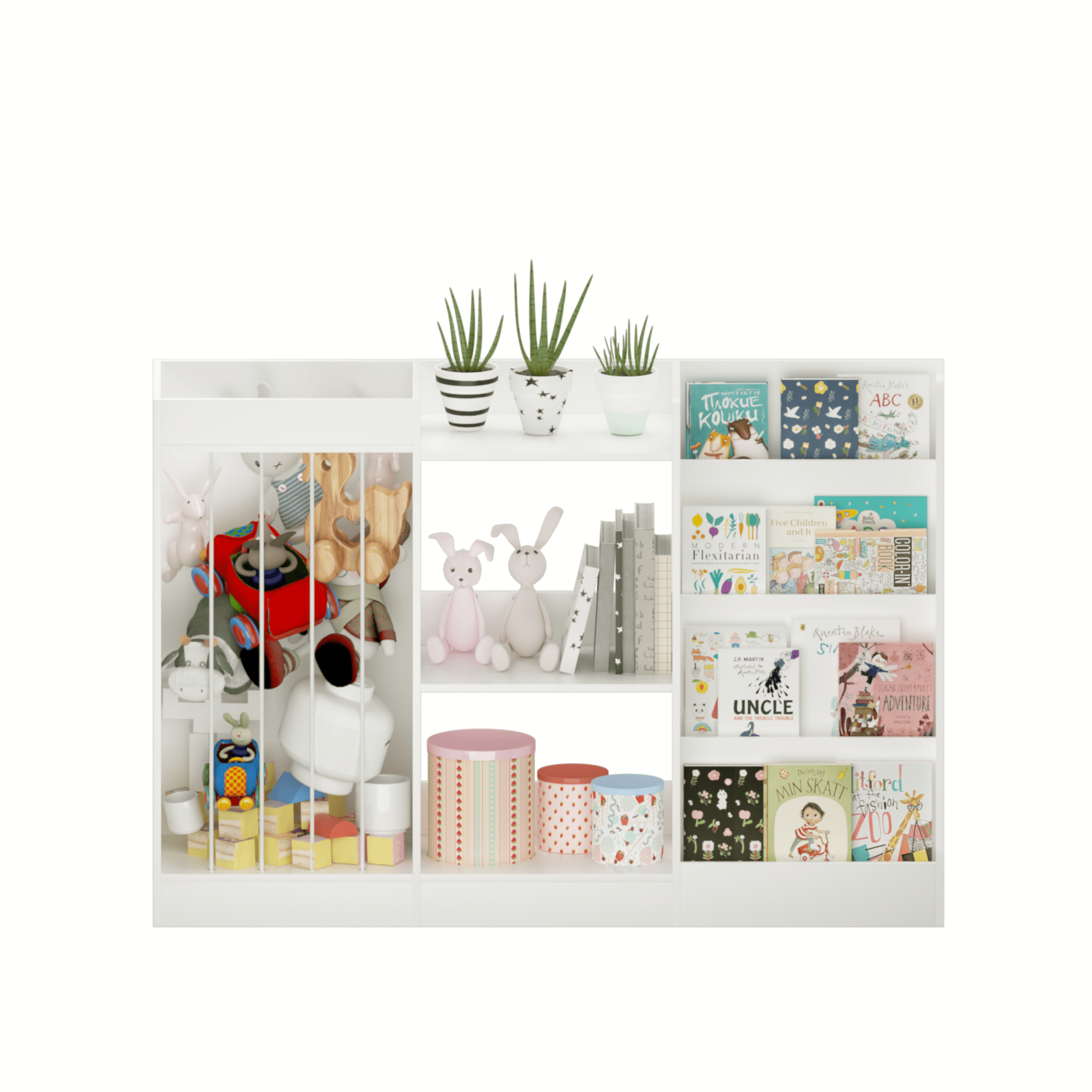 Kids Bookshelf and Toy Storage 3-Tier with Stuffed Animal Organizer, Montessori Toddler Bookcase for Nursery and Playroom, White