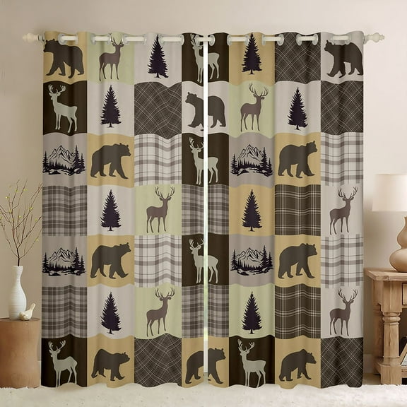 Homewish Boys Girls Animal Deer Bear Black Out Curtains,Geometric Plaid Grid Curtains Pack of 2 (42x63 Each),Woodland Wildlife Bedroom Curtains,Breathable Home Decor