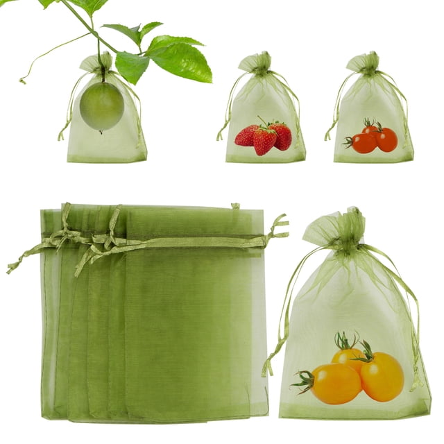 Uxcell 100 Paquete de Bolsas de Protección para Frutas - Bolsas de Malla para Frutas de 4x6 Pulgadas con Cierre de Cordón para Plantas (Verde Militar)