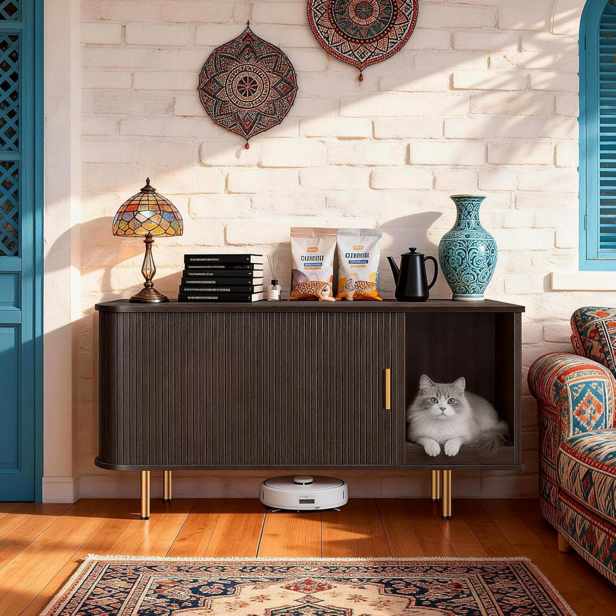 Cat Litter Box Enclosure Furniture with Sliding Door, Hidden Cat House Cabinet with Scratch Pad, Modern TV Stand Side Table, Coffee