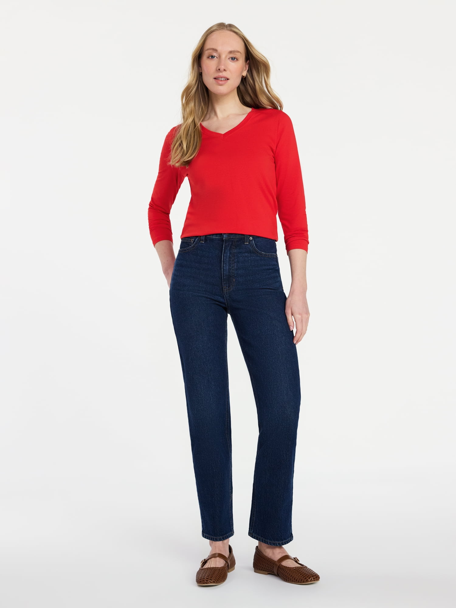 Time and Tru Women's Slim V-Neck Tee with Long Sleeves, Sizes XS-XXXL