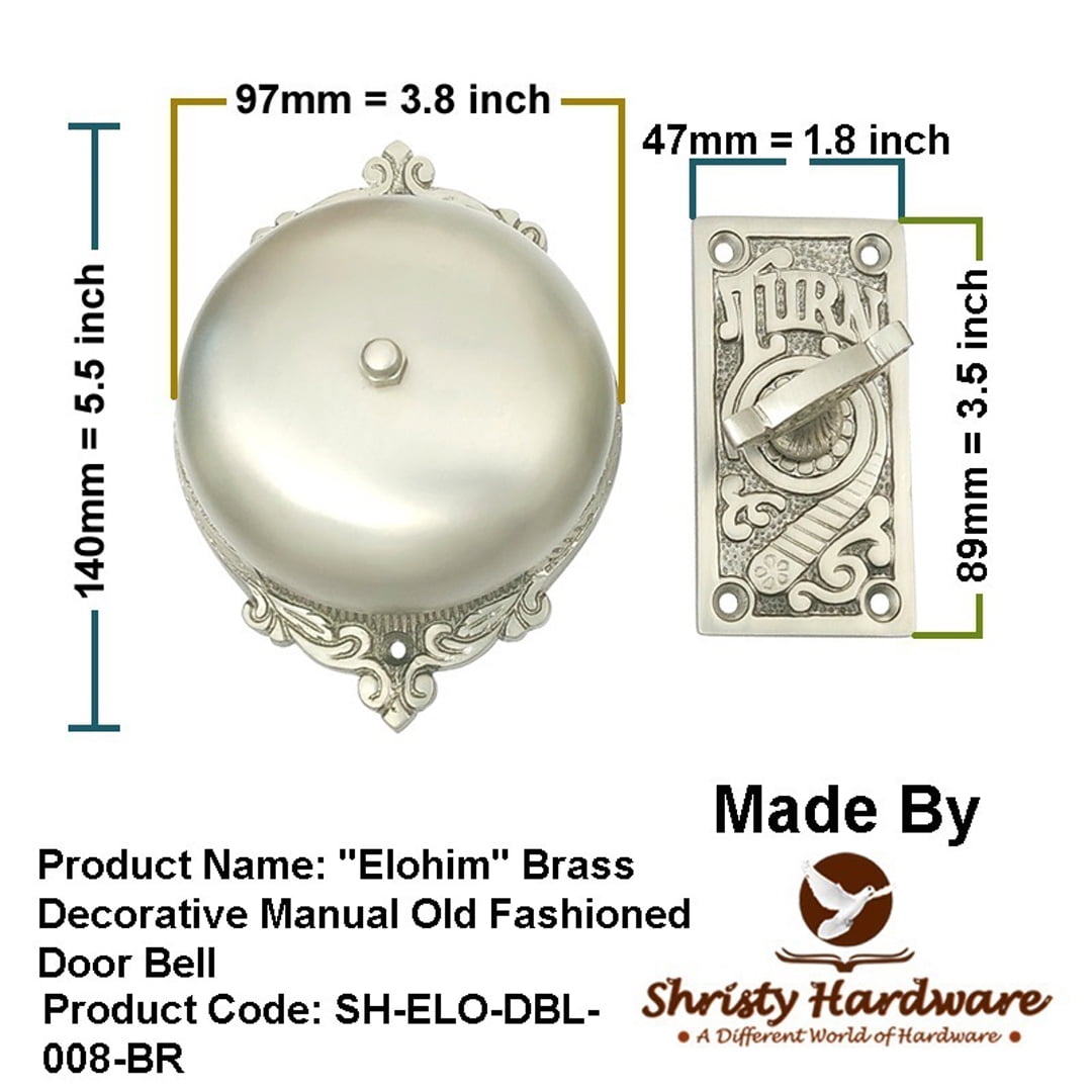 Shristy Hardware "Elohim" Brass Manual Old Fashioned Door Bell – Vintage Twist Bell with Key Plate – Mechanical Doorbell for Home – (Pack of 1 Satin Nickel Finish)