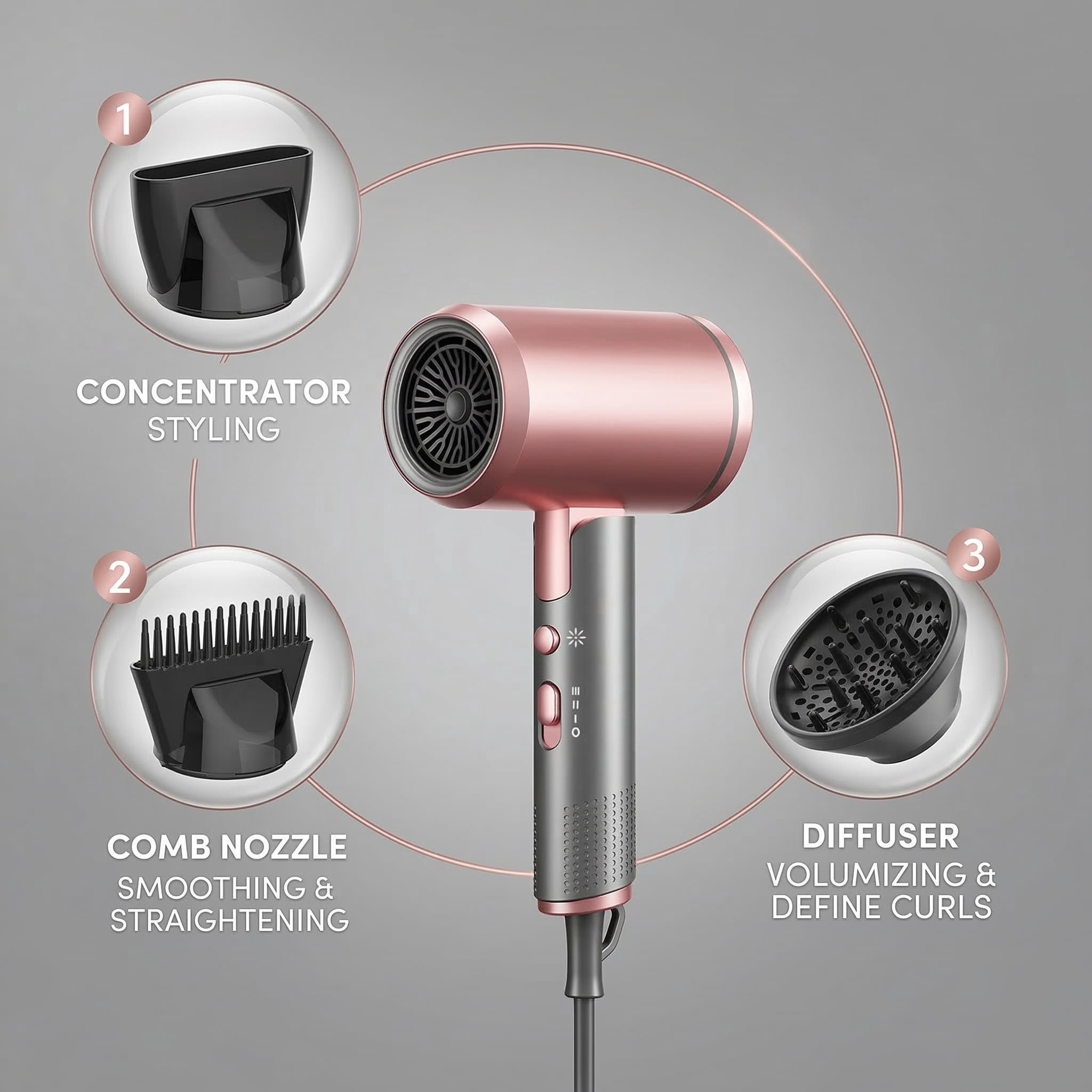 Professional Ionic Hair Dryer, Powerful 1600W & 3 Heat Settings Fast Drying Low Noise Blow Dryer with 2 Concentrator Nozzle 1 Diffuser Attachments for Home Salon Travel, ALCI Safety Plug