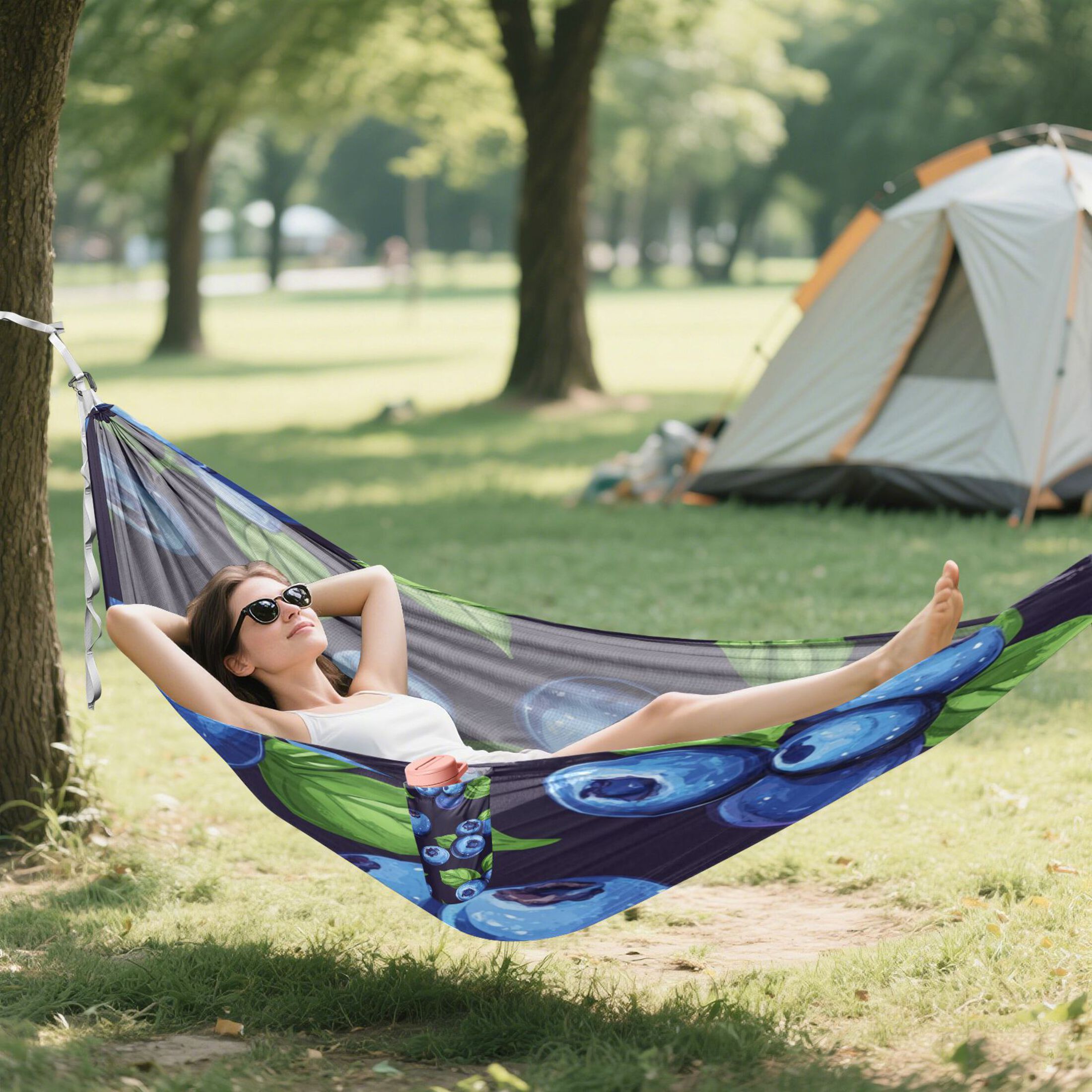 Portable Outdoor Camping Hammock Travel Hammock Ideal for Backpacking, Hiking, and Travel Blueberry with Leaves