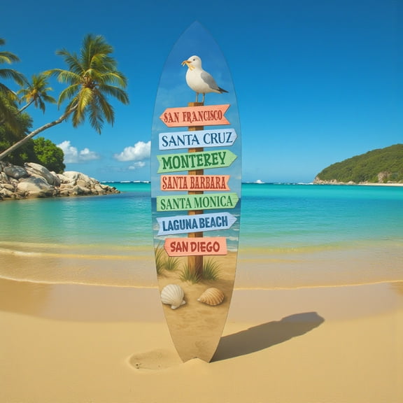 California Surfboard Wall Art - Beach Towns Sign, Indoor Outdoor PVC Coastal Décor (2 Foot)