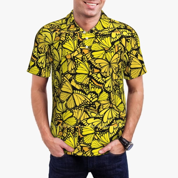 Fotbe Yellow Butterflies Camiseta Polo de Golf para Hombre con Estampado – Camisa Deportiva Transpirable con Cuello Abotonado-3X-Large