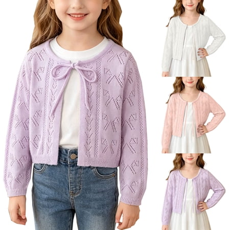 PureCasa Girls Tie Front Cardigan Cute Solid Color Lace Cotton Knit Shrug Cardigan with Long Sleeve for 12M-9Y Girls