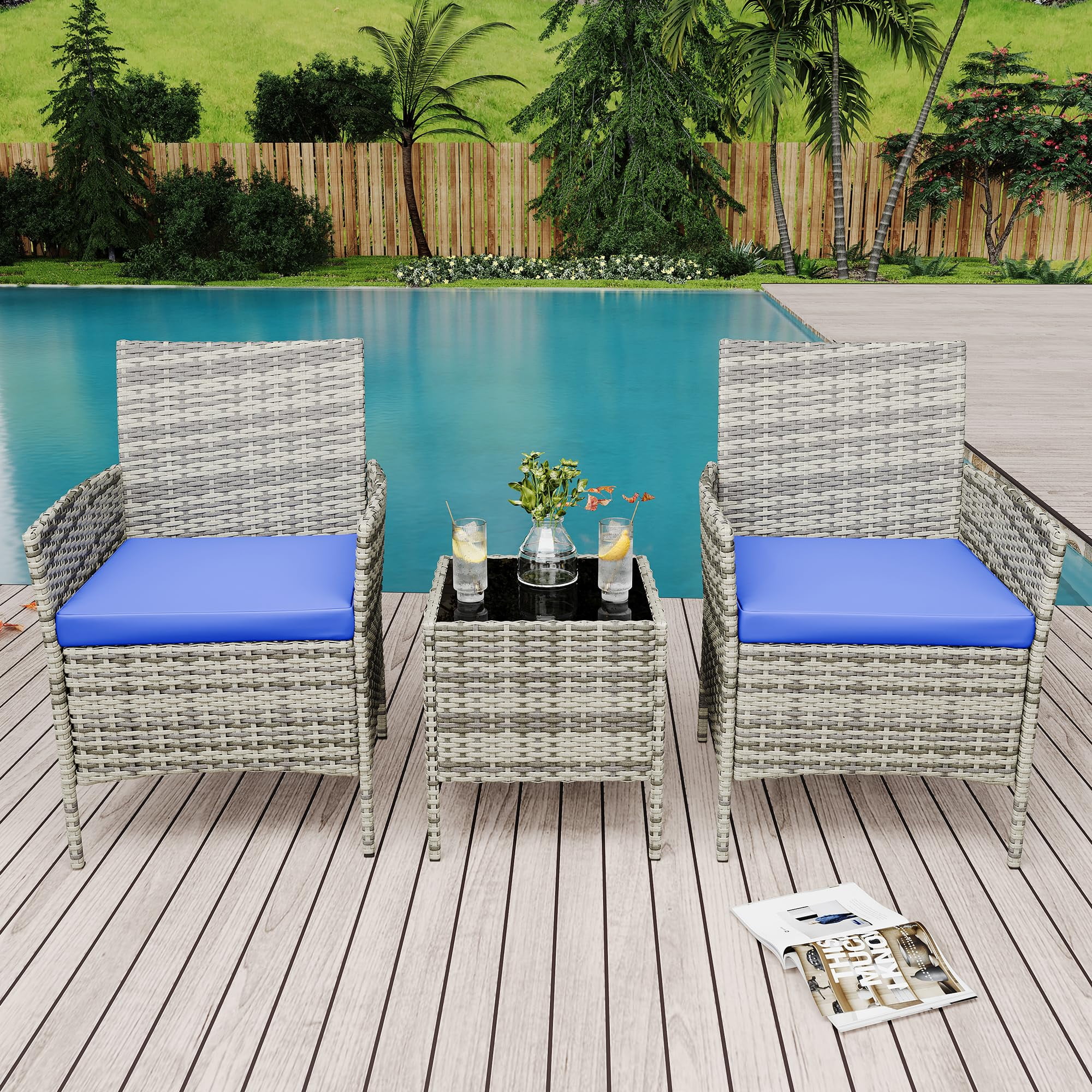 3 Pieces Patio Furniture Sets Outdoor PE Rattan Wicker Chairs with Soft Cushion and Glass Coffee Table for Garden Backyard Porch Poolside