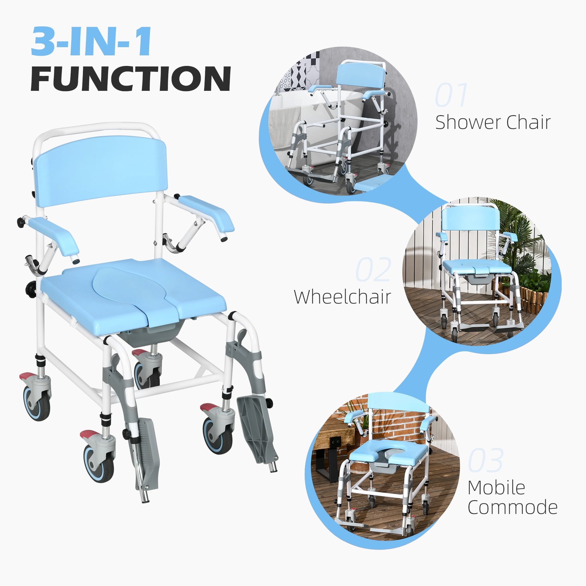 HomCom Accessibility Commode Wheelchair with 4 Castor Wheels, Blue