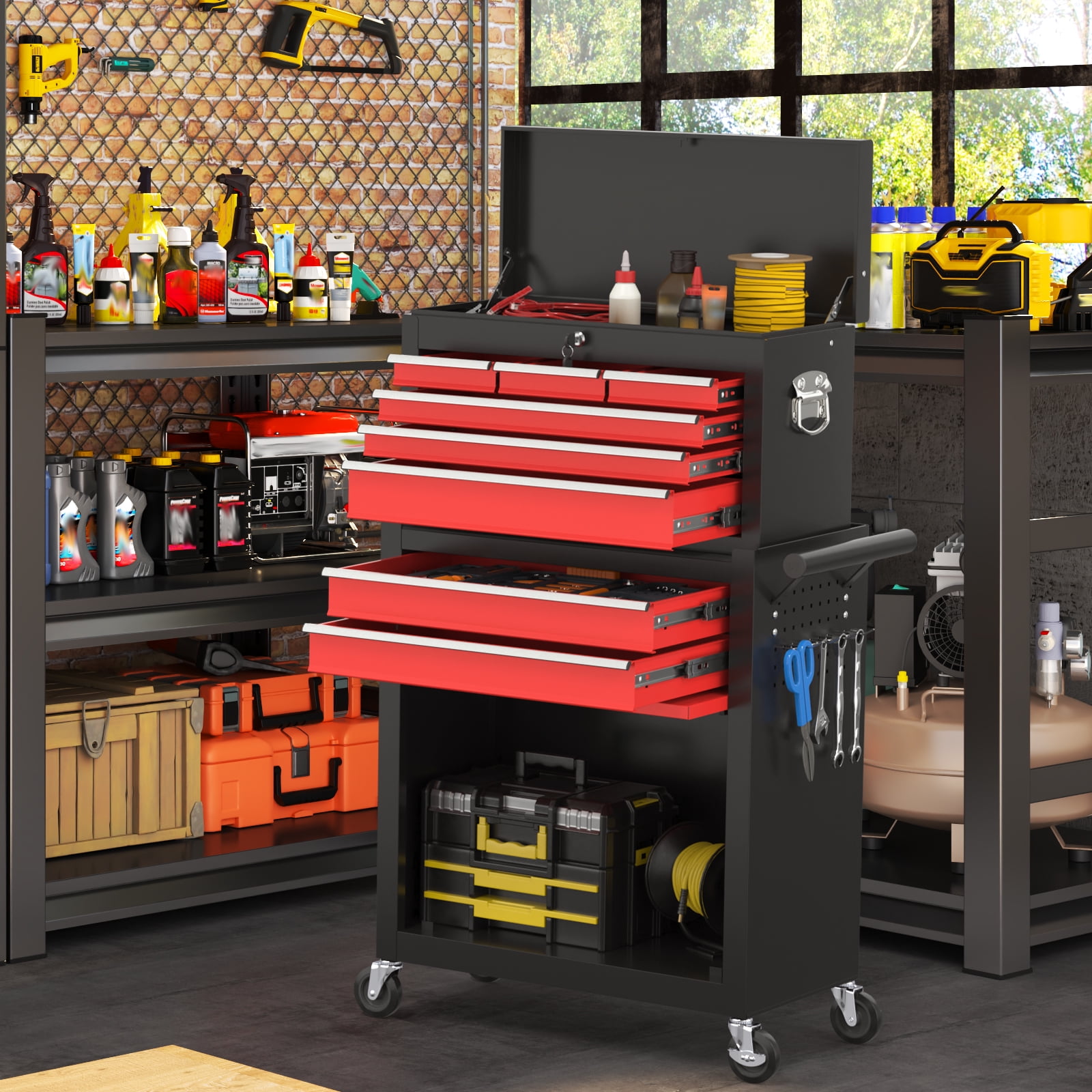 Odaof 8 Drawer Mechanic Tool Chest with Wheels Heavy Duty Rolling Tool Box Cabinet with Riser Sliding Drawers Keyed Locking System Top Detachable Toolbox Organizer for Workshop-Black&Red