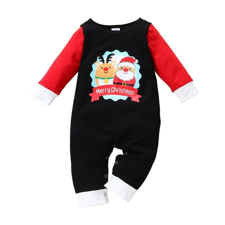 

PEZHADA Boys Girls Fall Winter Romper Jumpsuit Toddler Baby Christmas Cotton Long Sleeve Santa Claus Print Jumpsuit Romper Black
