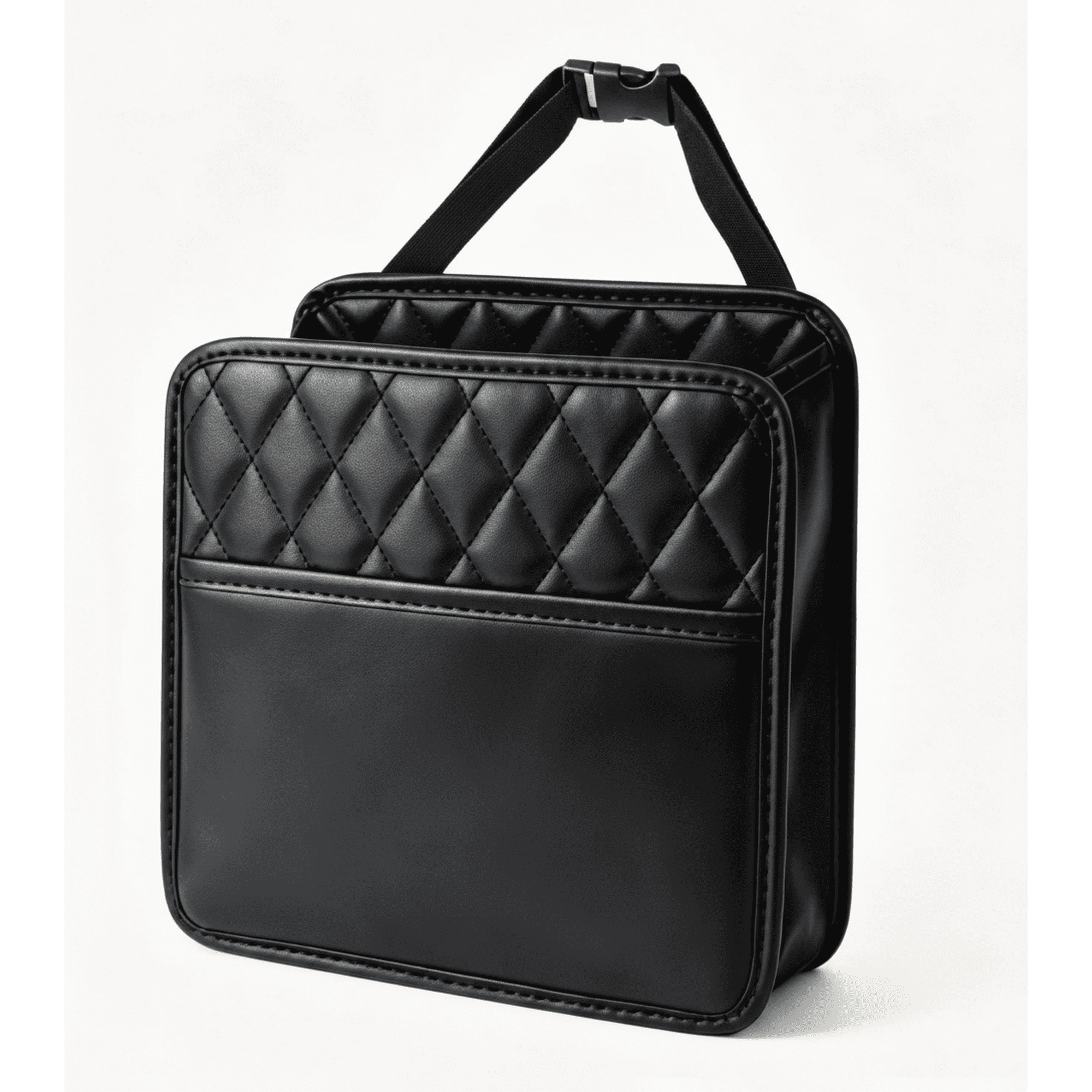 Car Seat Organizer Bag, Black Hanging Auto Seat Storage Bag with Adjustable Buckle Strap, Quilted Front Car Interior Storage Pouch for Daily Travel Essentials