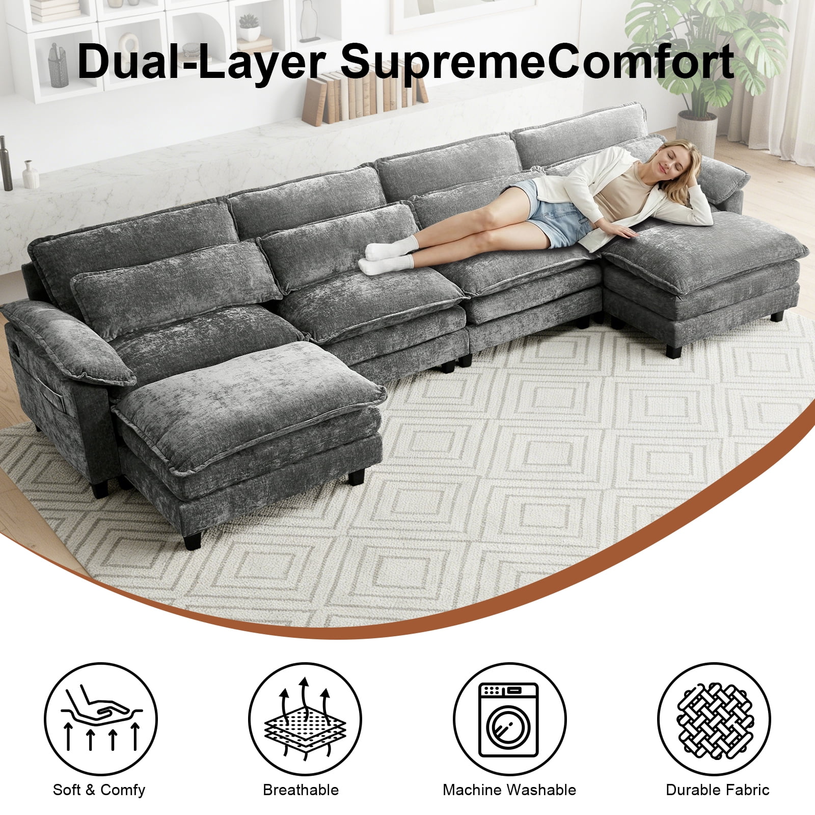 Howcool Cloud Couch Modular Sectional Sofa 4 Seat 148" U Shaped Convertible Couch Chenille Thick Cushion with Ottoman, Removable & Washable Cover for Living Room, Grey