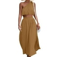 thumbnail image 5 of Elainilye Fashion Womens Dress 2 Piece Outfits Tie Knot One Shoulder Tank Top High Waist Side Split Maxi Skirt,Brown, 5 of 9