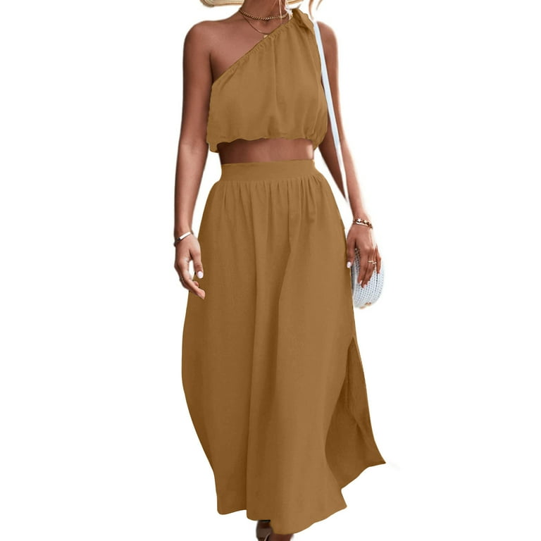 two piece brown dress Olivaceous Give Me Fever Mocha Print Two-Piece Dress - Size M - Boho Crop Top & Mini Skirt Set - Off-Shoulder - Ruffle Tiered main image 1