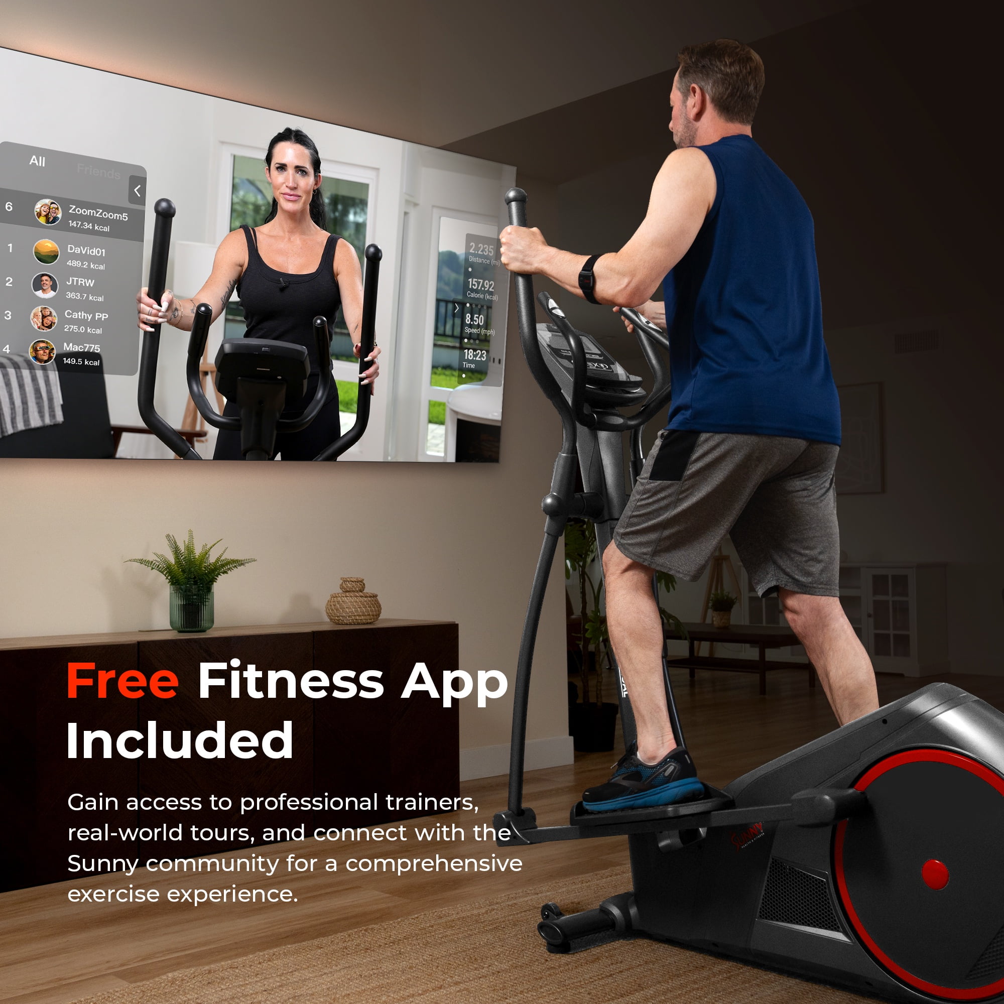 Sunny Health & Fitness Smart Heavy-Duty Elliptical Exercise Machine, Low-Impact Cardio Cross Trainer w Free SunnyFit App via Bluetooth – SF-E323055S
