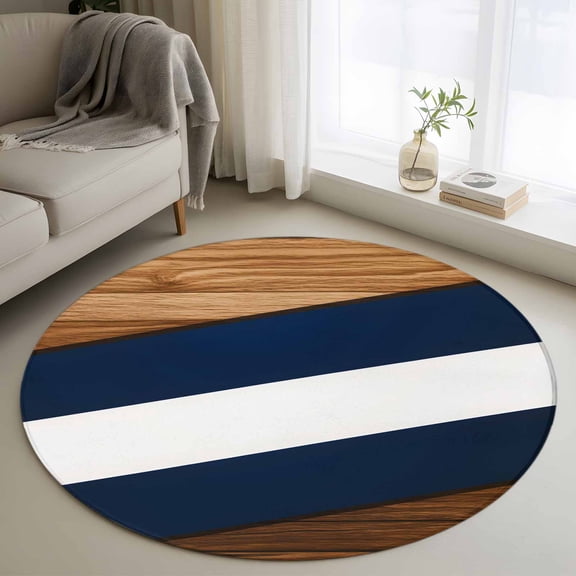 Navy Blue White Stripes Round Rug 3.3ft Washable Circle Entryway Rugs Non Slip Farmhouse Striped Vintage Area Rug Indoor Floor Carpet for Bedroom Kitchen Living Room Home Office Dining Room Nursery