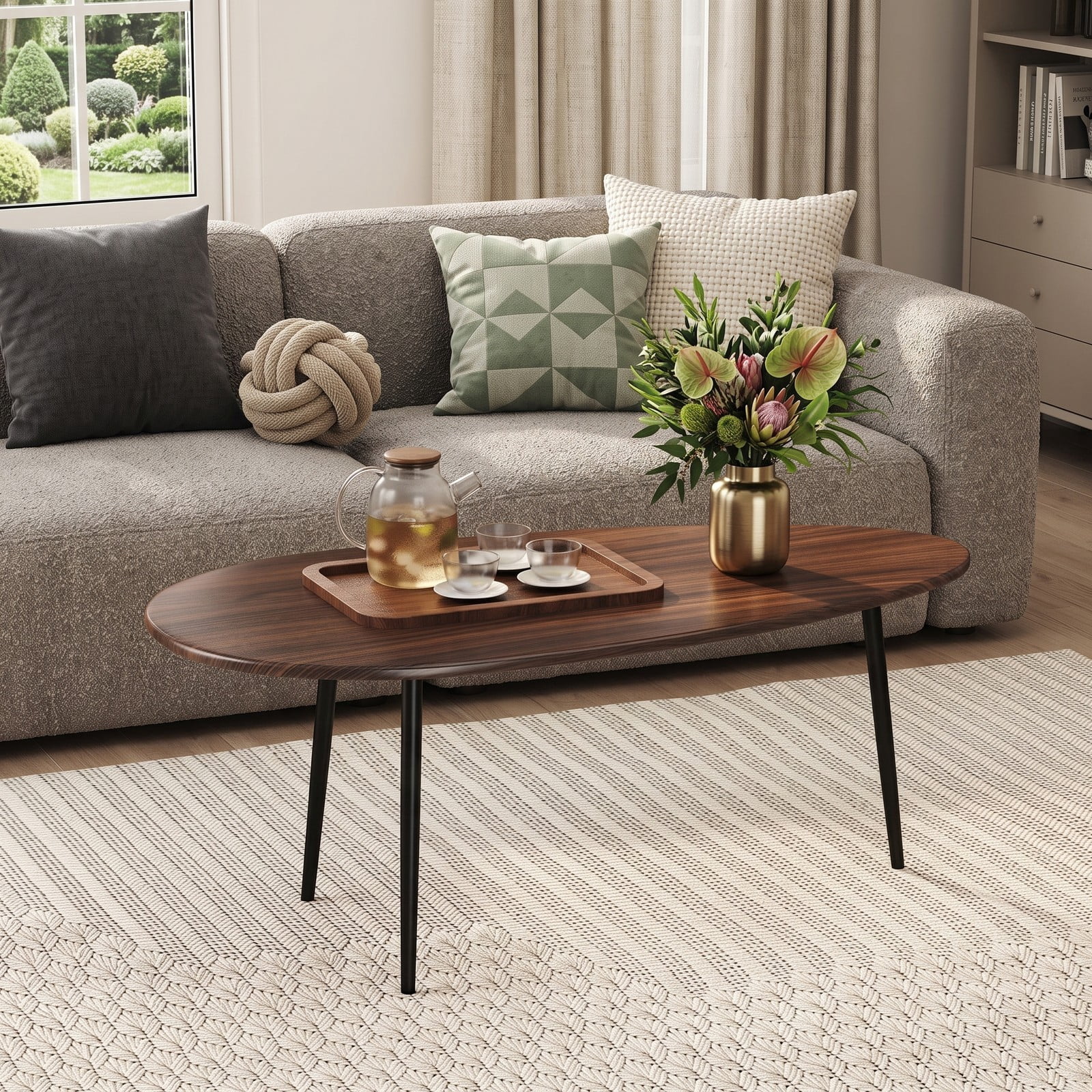 Furnibear Oval Coffee Table Mid Century Center Table with Sturdy Metal Frame, Open Storage Shelf & Adjustable Foot Pads for Living Room, Hallway & Lounge, Walnut
