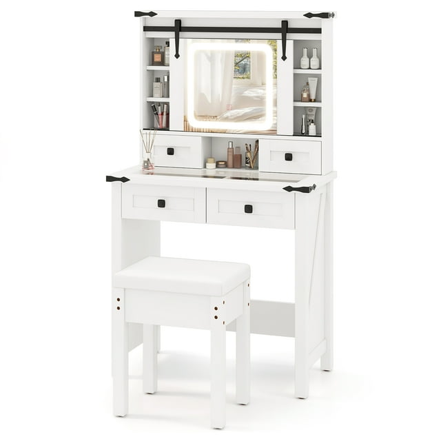 Gymax Coiffeuse Style Ferme Table de Maquillage avec Luminosité Réglable Miroir Coulissant Blanc
