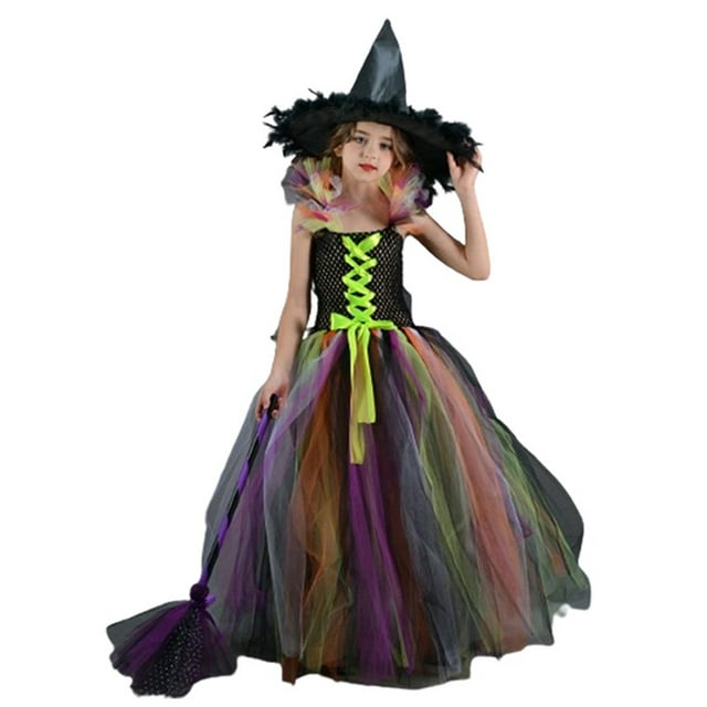 TheFound Girl Halloween Witch Costume Contrast Color Puffy Mesh Cami Dress Feather Hat Broom Cosplay Set