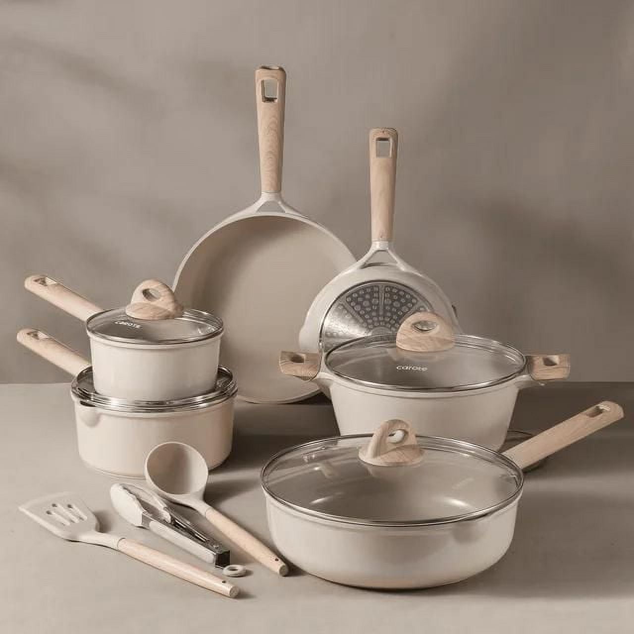 Carote Ceramic Pans and Pots Set, 13 Piece Industion Kitchen Non-Stick Cookware Sets Taupe