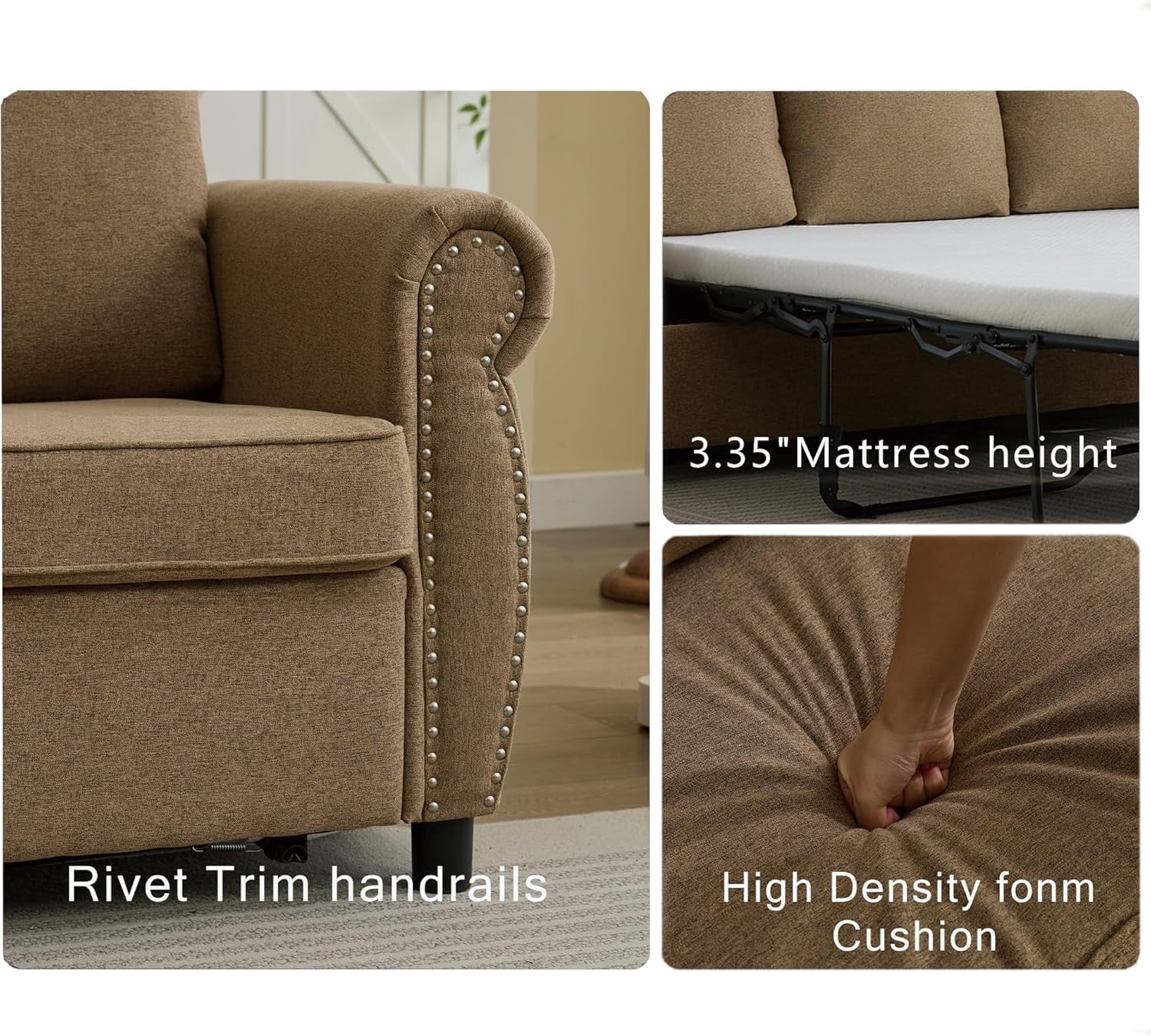 Sleeper Sofa Bed Full Size, Pull Out Couch with Mattress, 81.5'' 3 Seater Upholstery Sectional Couches, Modern Linen Convertible Sofa, Living Room Furniture for Small Spaces, Apartment, Brown