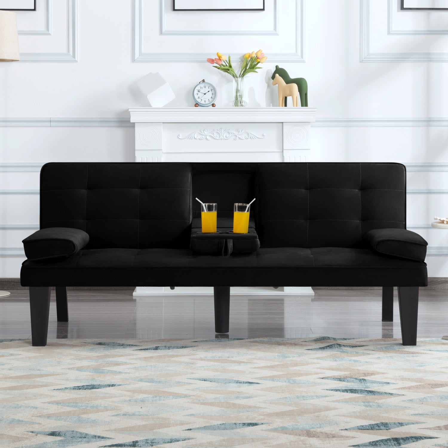 Gewnee Futon Sofa Bed Modern Sofa Couch Convertible Sofa Sleeper for Living Room with 2 Cup Holders, Removable Armrests (Black)