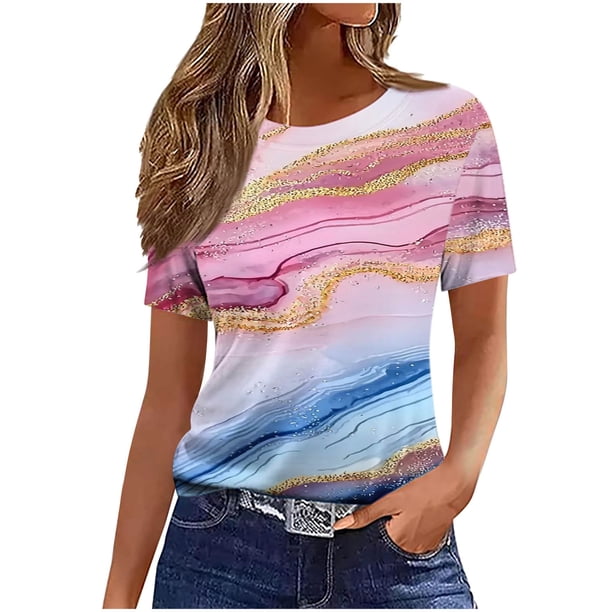 Tops de Cuello Redondo para las Mujeres de Manga Corta Impresa Casual, Camiseta de Moda para Uso Diario Y de Fiesta