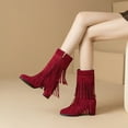 thumbnail image 2 of Xfvqtps Womens Western Ankle Boots with Tassel Detail Side Zipper Mid Calf Boots Chunky Heel Suede Fashion Booties for Fall Winter Wine, 2 of 7