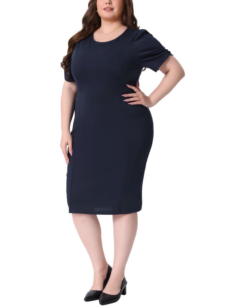 Agnes Orinda Plus Size Dress for Women Short Sleeve Above the Knee Sheath Dress Office Wear to Work Dresses 1X Navy Blue, Women's, Size: 1XL, Black