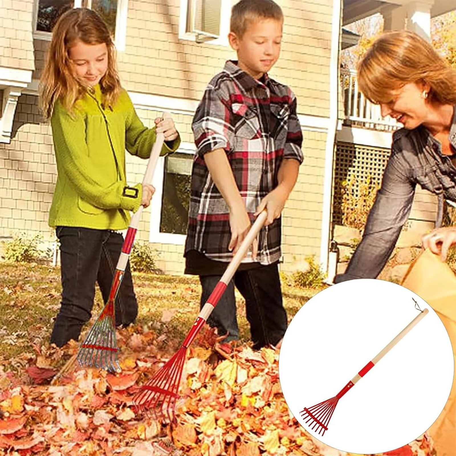 Elysian Clearance Weed Puller Tool,Garden Rake & Leaf Set Agricultural Tool for Leaf & Hay Raking Wooden Handle 9 Tine Rake for Kids' Play & Household Use 2 Piece Gardening Kit Red 70X14CM