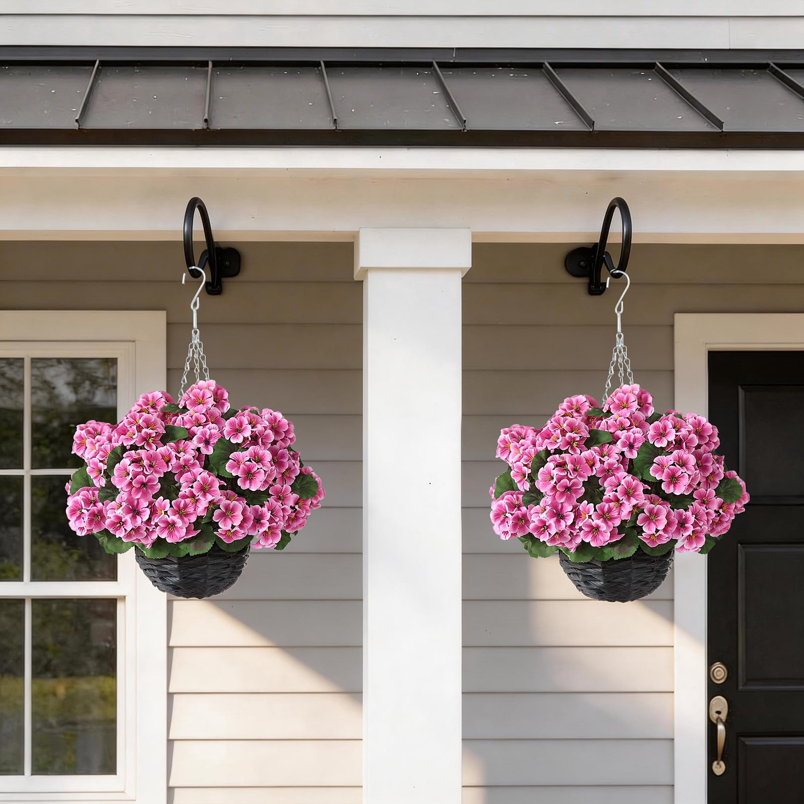 2 Set Artificial Geraniums Flowers with Hanging Baskets for Outdoors - Sun Resistant Silk with Geranium Flowers, Fake Hanging Planters for Front Porch Garden Patio Home Decor (Red)