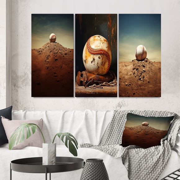 Designart "Pitcher s Mound in Baseball II" Sports Wall Art Set Of 3 - Beige Sport Baseball Gallery Wall Set For Home Decor