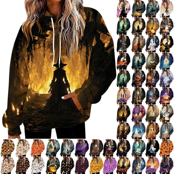 Frostluinai Halloween Hoodie for Women Fleece Flannel Warm Hooded Sweatshirts Spooky Season Witch Print Fuzzy Pullover Long Sleeve with Pocket